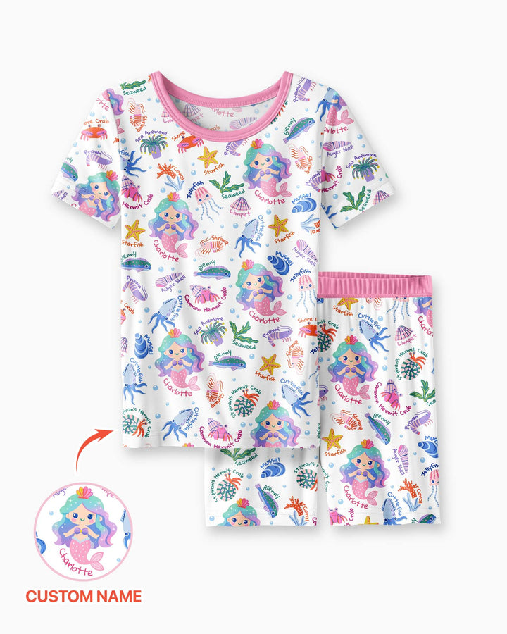 Personalized Cute Mermaid Bamboo Two Piece Short Sleeve Shorts Pajama Set
