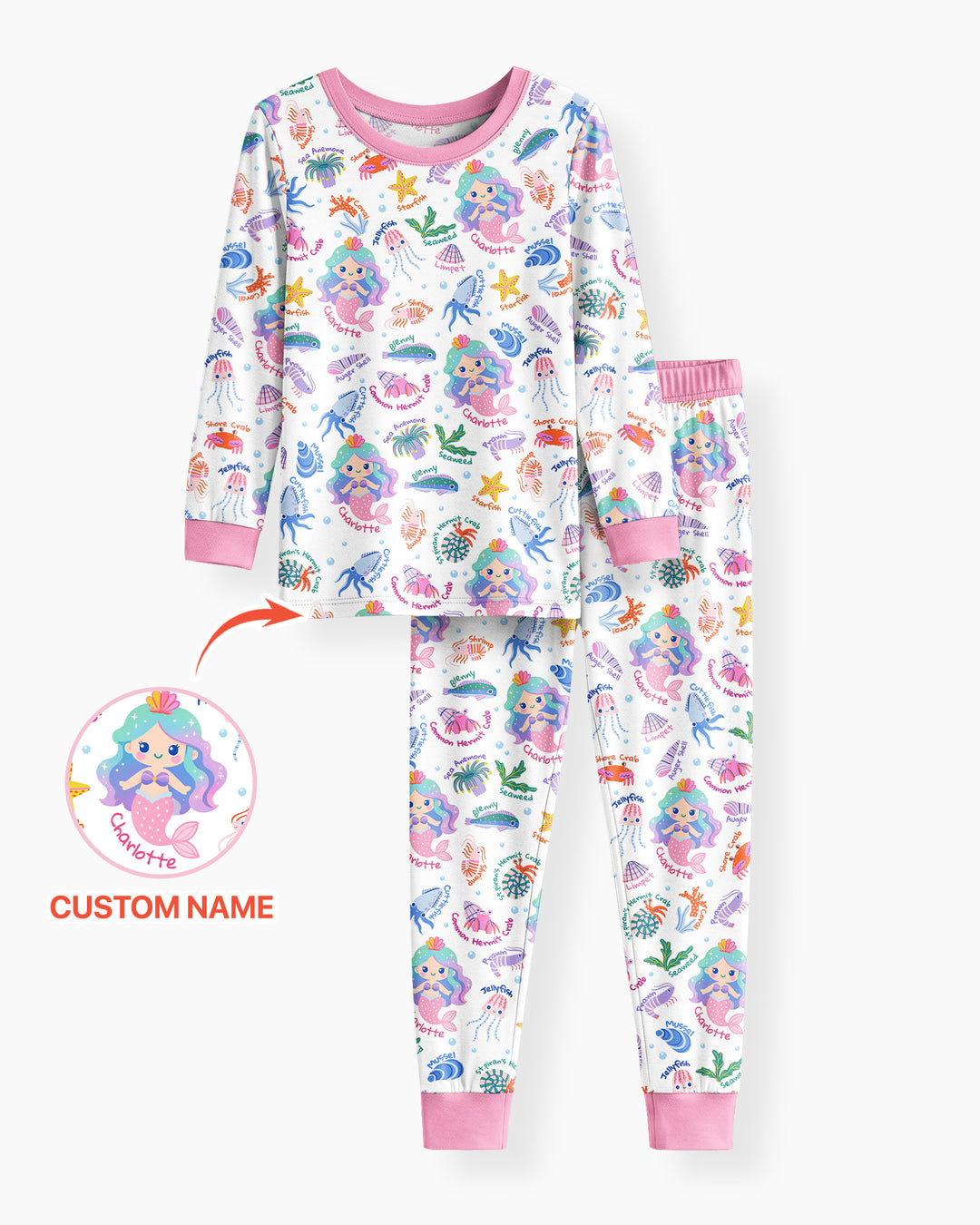 Personalized Cute Mermaid Bamboo Two Piece Long Sleeve Pajama Set