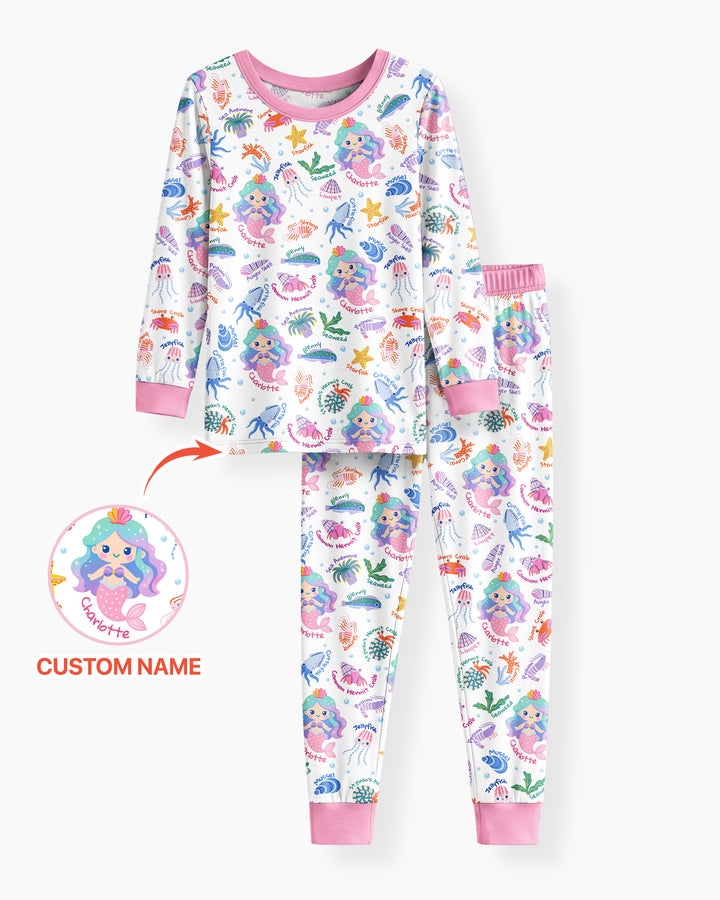 Personalized Cute Mermaid Bamboo Two Piece Long Sleeve Pajama Set