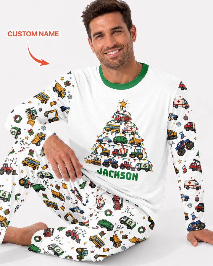 Custom Name Little Trucks Christmas Tree Bamboo Men's Pajama Set