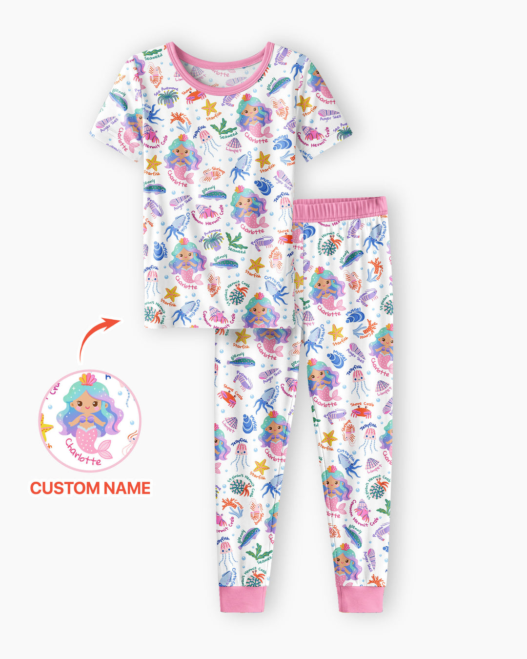Personalized Cute Mermaid Bamboo Two Piece Short Sleeve Pajama Set
