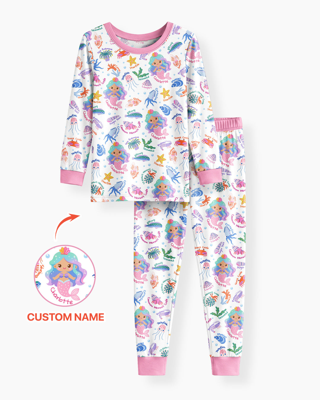 Personalized Cute Mermaid Bamboo Two Piece Long Sleeve Pajama Set