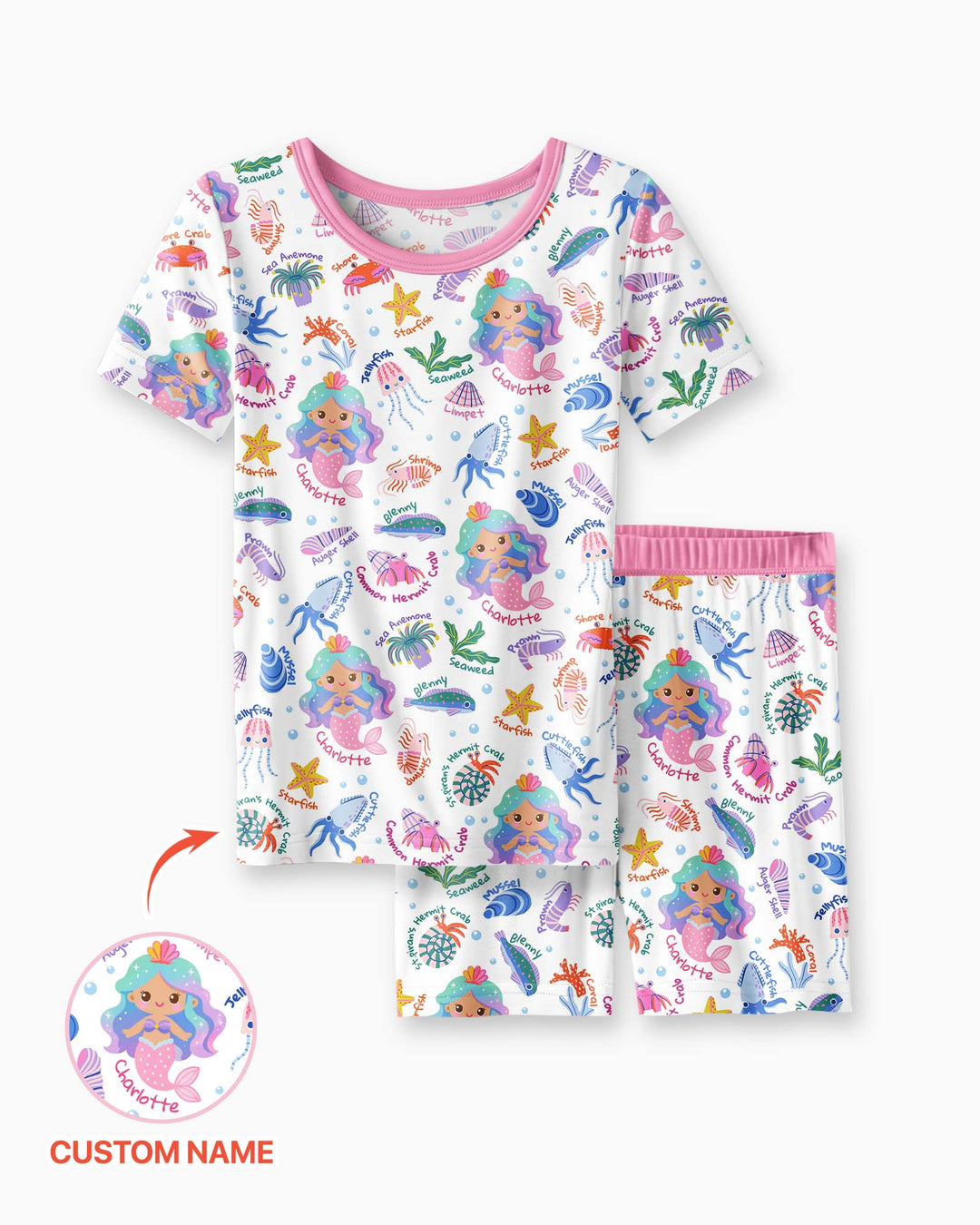 Personalized Cute Mermaid Bamboo Two Piece Short Sleeve Shorts Pajama Set