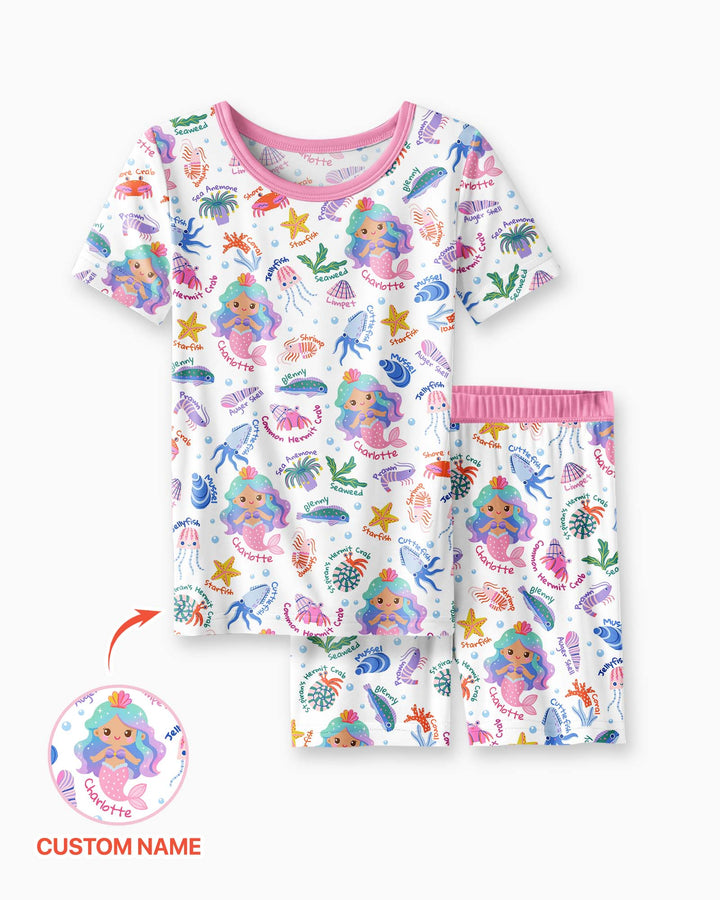 Personalized Cute Mermaid Bamboo Two Piece Short Sleeve Shorts Pajama Set