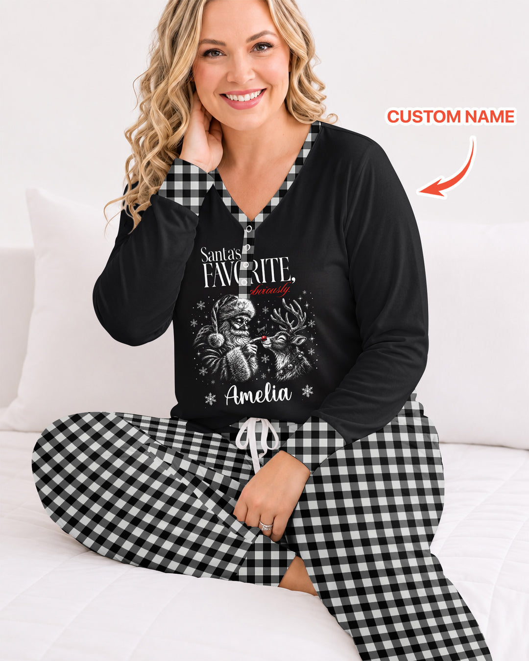 Custom Name Santa's Favorite Buffalo Plaid Bamboo Women Pajama Set