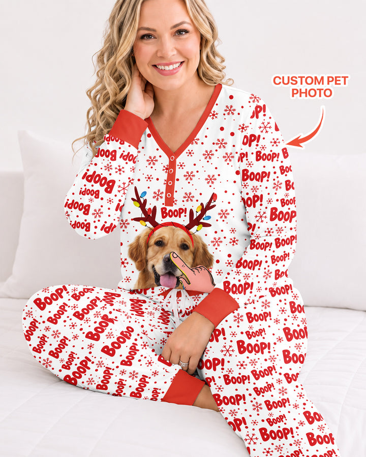 Custom Pet Photo Funny Christmas Boop Bamboo Women Pajama Set