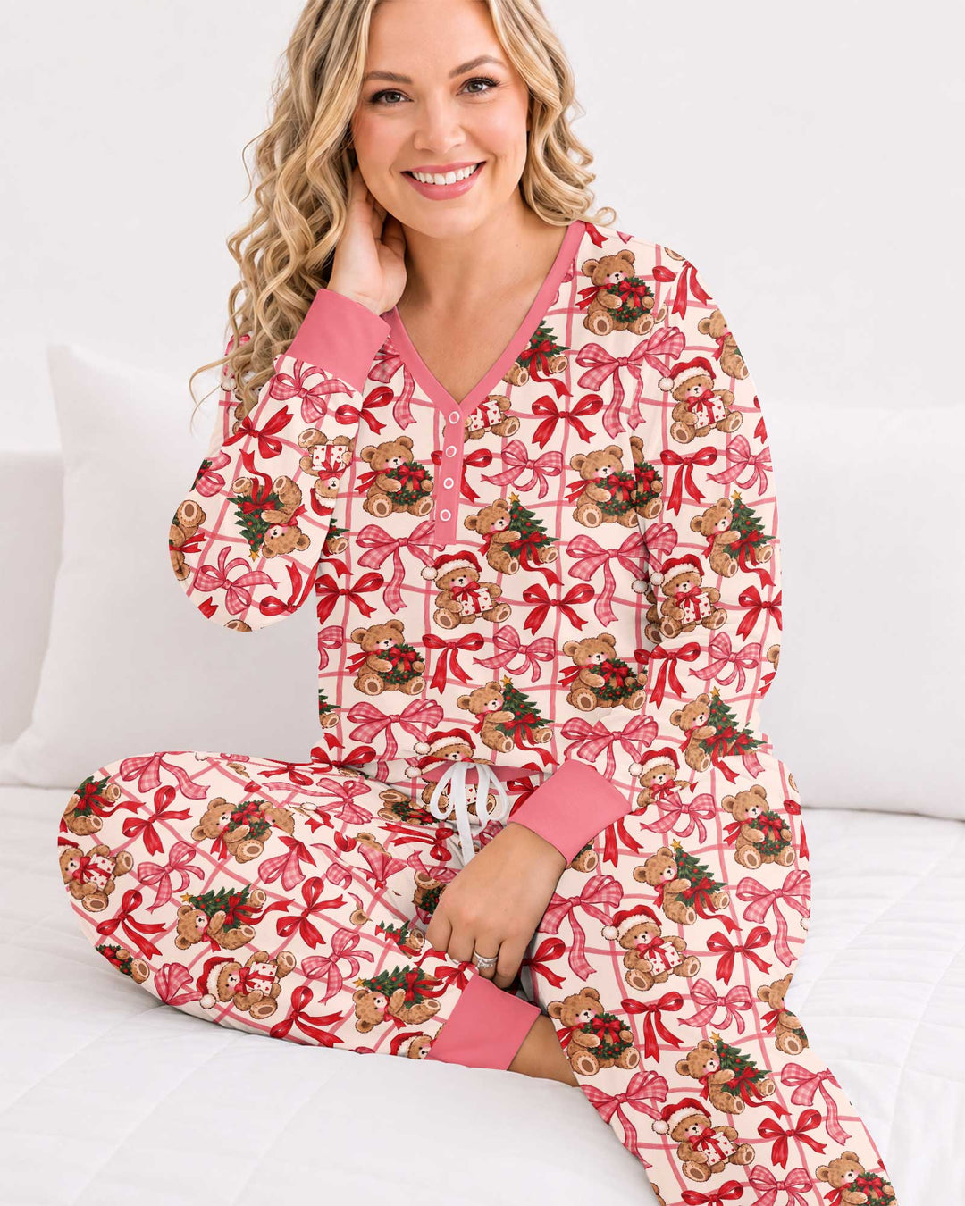 Pink Christmas Teddy Bear Plaid Mommy & Me Matching Bamboo Women Pajama Set