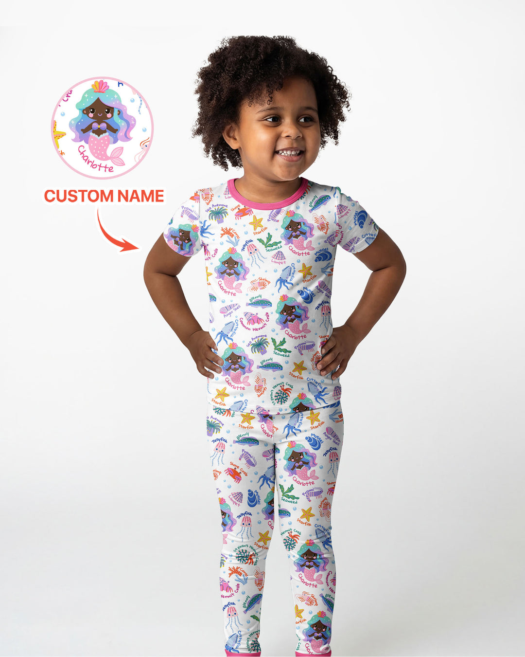 Personalized Cute Mermaid Bamboo Two Piece Short Sleeve Pajama Set