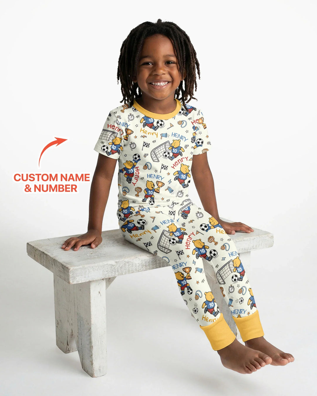 Personalized Classic Bear World Soccer Bamboo Two Piece Short Sleeve Pajama Set