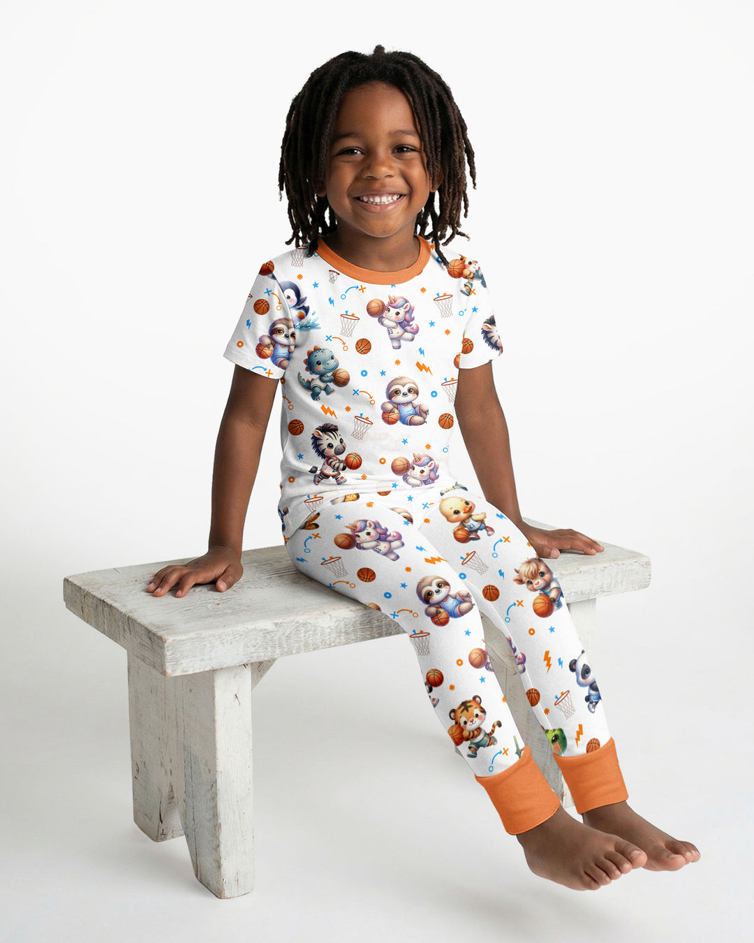 Cartoon Basketball Animals Bamboo Two Piece Short Sleeve Pajama Set