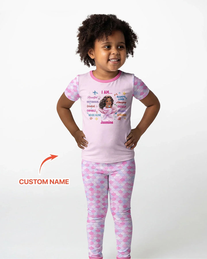 Custom Name Black Mermaid I Am Beautiful Bamboo Two Piece Short Sleeve Pajama Set