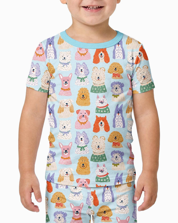 Whimsical Puppy Parade Family Matching Bamboo Two Piece Short Sleeve Pajama Set