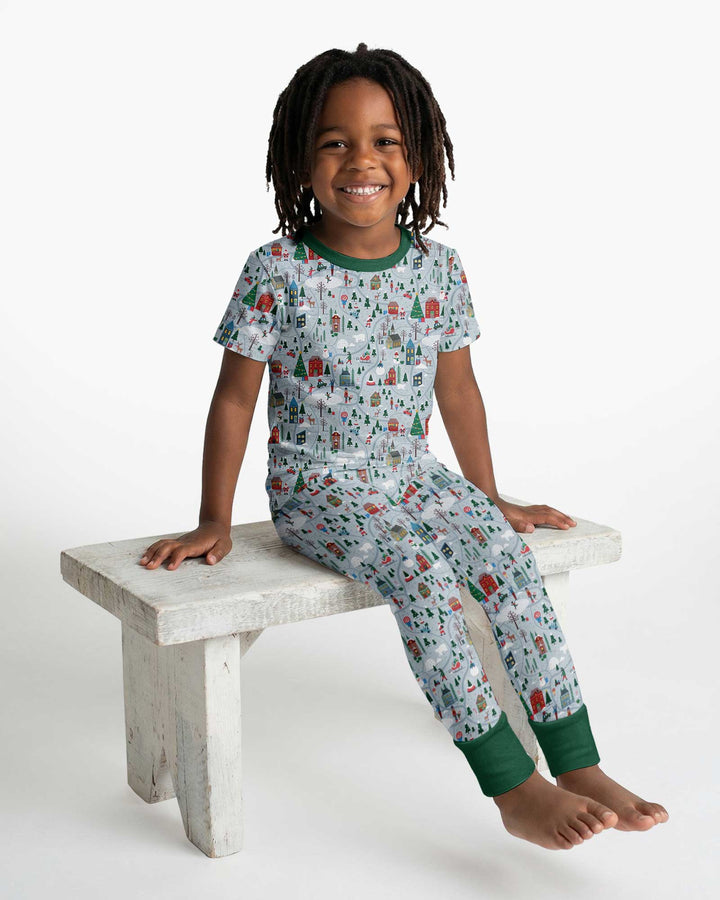 Snowy Christmas Village Map Bamboo Two Piece Short Sleeve Pajama Set