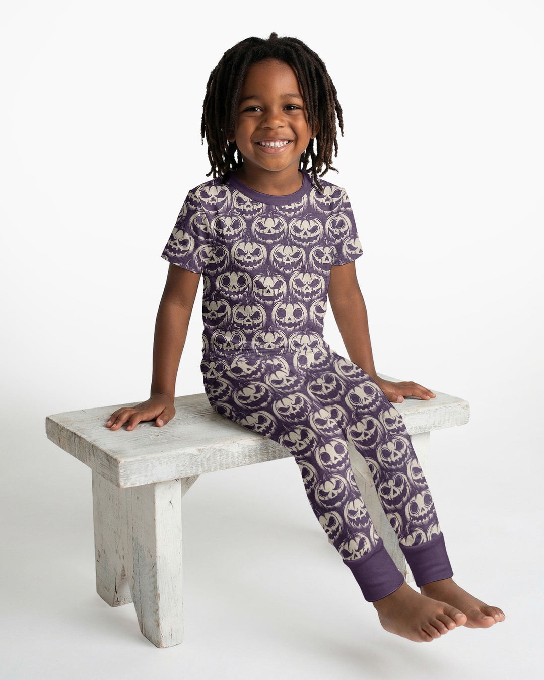 Retro Halloween Jack-O-Lantern Spooky Faces Bamboo Two Piece Short Sleeve Pajama Set