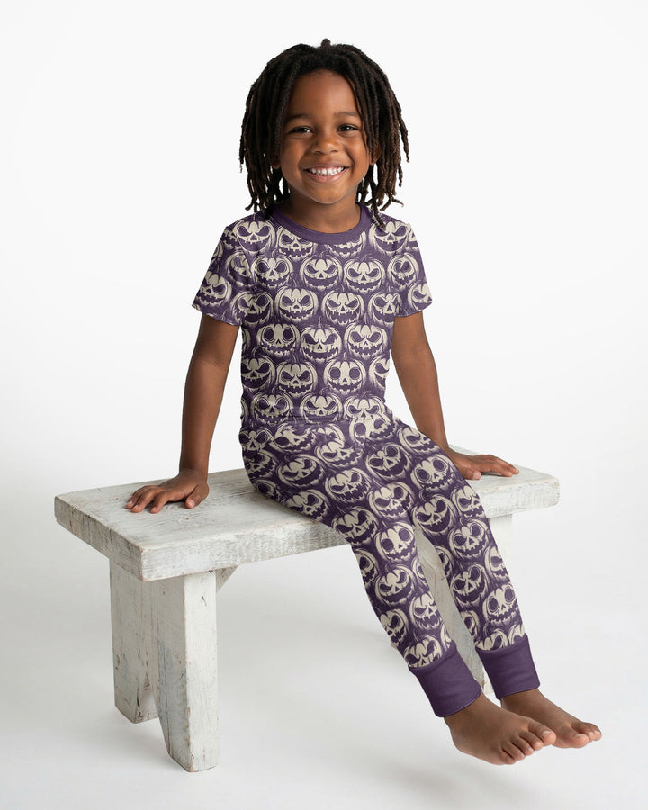 Retro Halloween Jack-O-Lantern Spooky Faces Bamboo Two Piece Short Sleeve Pajama Set