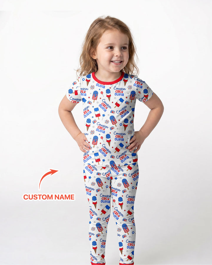 Custom Name 4th of July Cousin Crew Bamboo Two Piece Short Sleeve Pajama Set