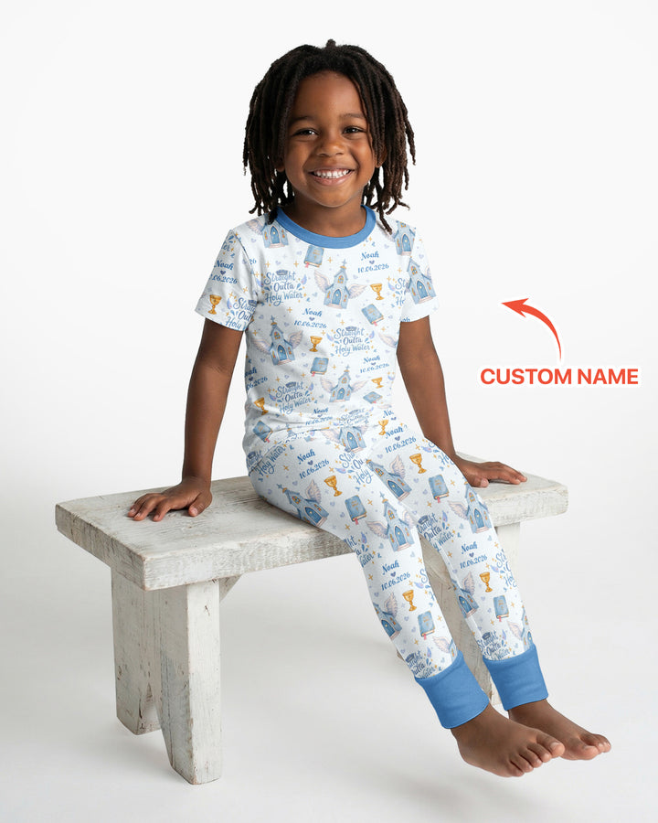 Custom Name Baptism Christening Straight Outta Holy Water Bamboo Two Piece Short Sleeve Pajama Set
