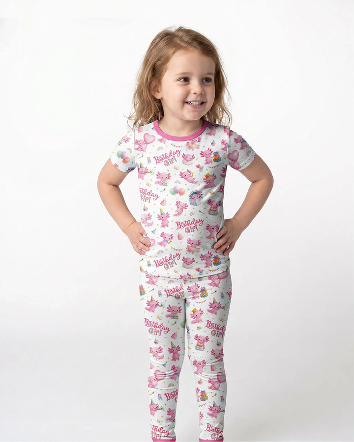 Cute Axolotl Birthday Girl Bamboo Two Piece Short Sleeve Pajama Set