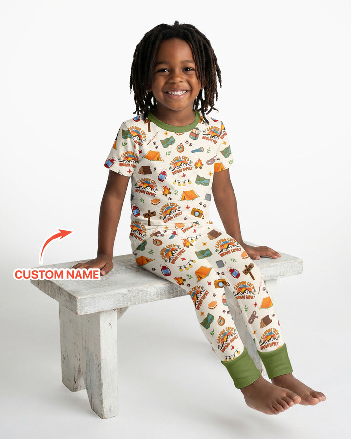 Custom Name Camping Crew Family Matching Bamboo Two Piece Short Sleeve Pajama Set
