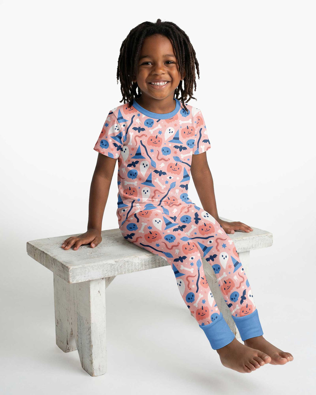 Pastel Pumpkins Skulls And Witch Craft Bamboo Two Piece Short Sleeve Pajama Set
