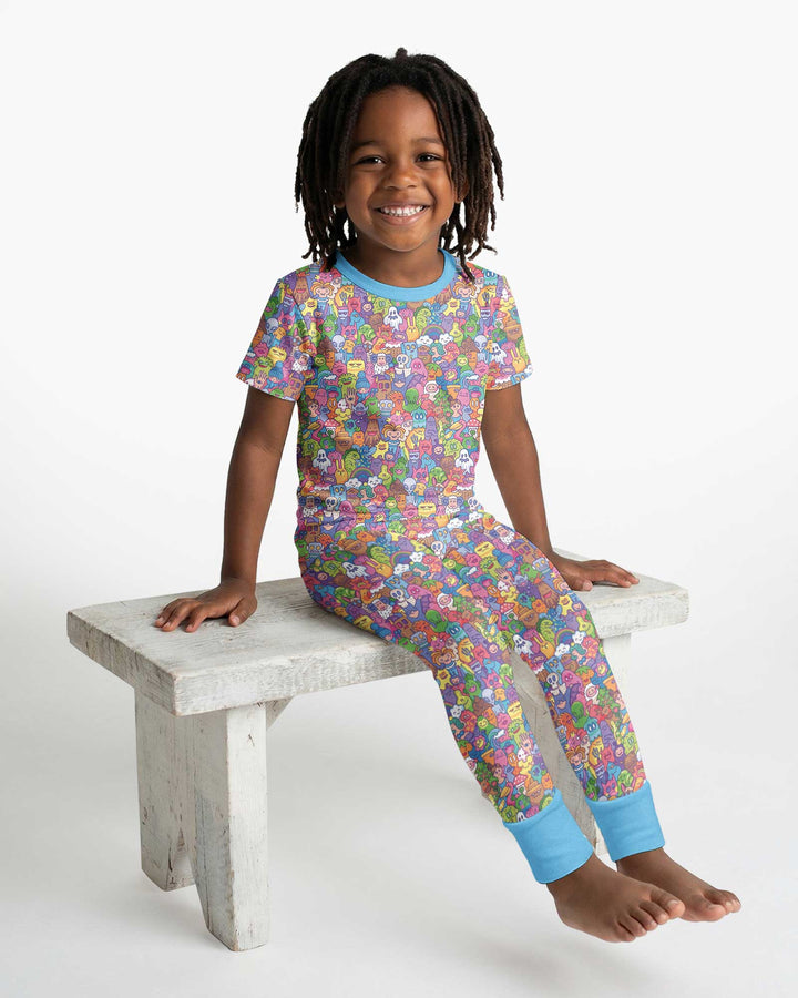 Doodle Characters Pastel Bamboo Two Piece Short Sleeve Pajama Set