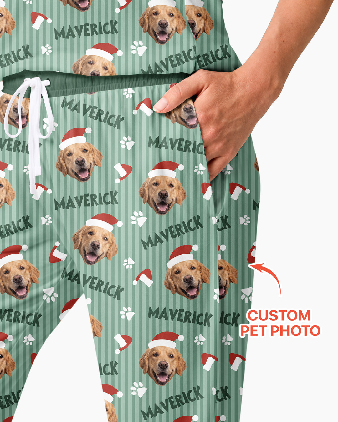 Custom Pet Photo Christmas Paws Stripe Bamboo Women Pajama Set