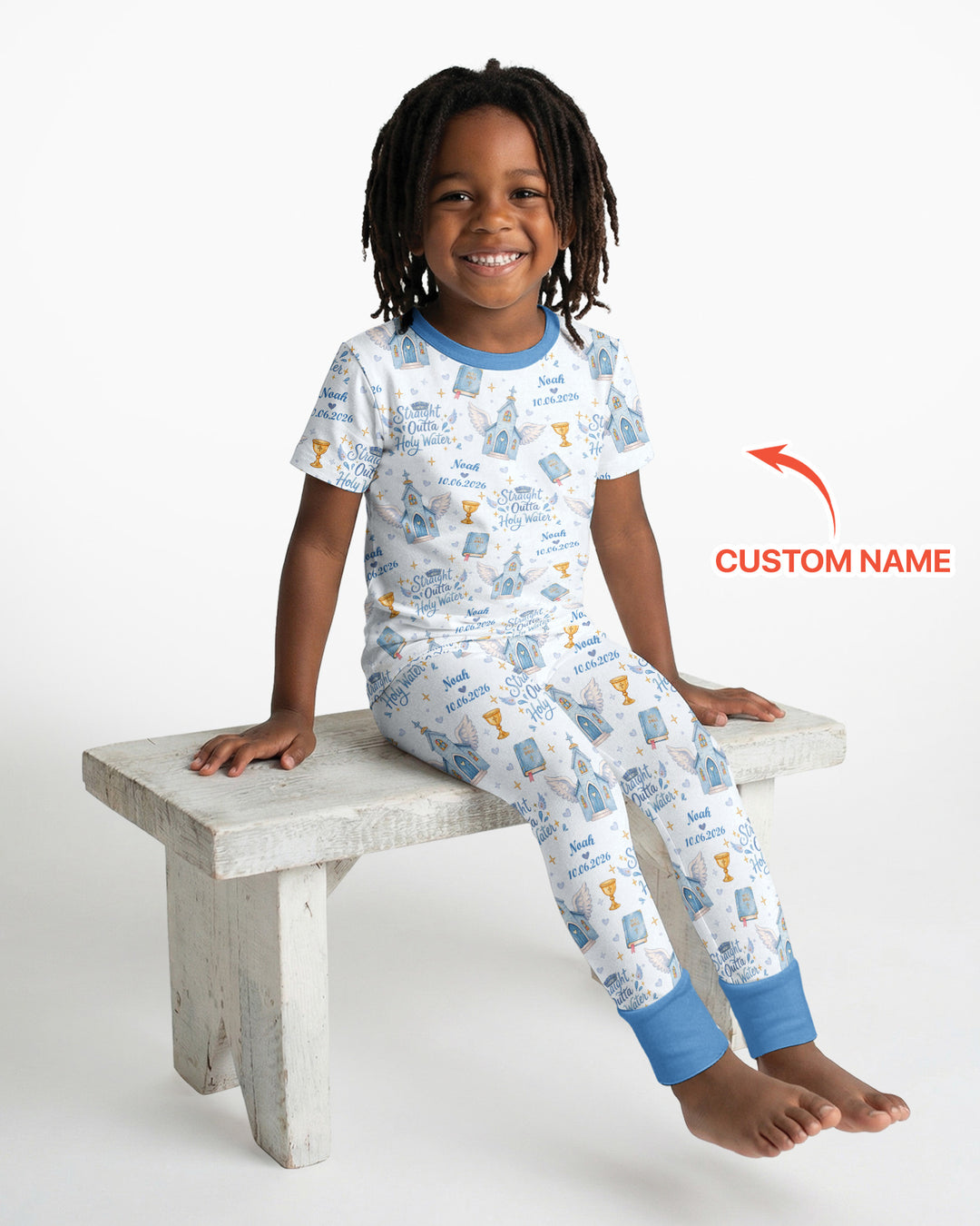 Custom Name Baptism Christening Straight Outta Holy Water Bamboo Two Piece Short Sleeve Pajama Set
