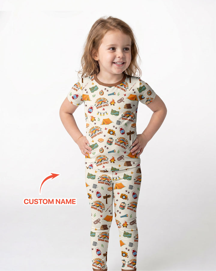 Custom Name Camping Crew Family Matching Bamboo Two Piece Short Sleeve Pajama Set
