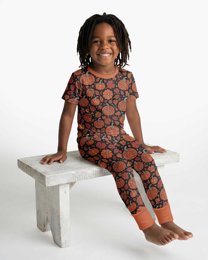 Retro Halloween Pumpkins  Bamboo Two Piece Short Sleeve Pajama Set