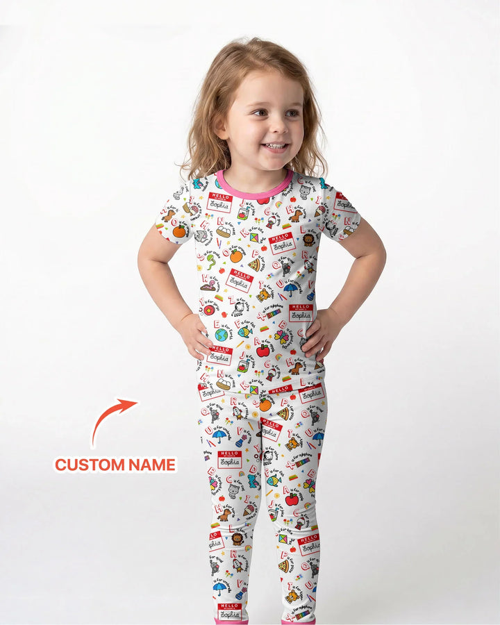 Custom Name Hello School ABCs Bamboo Two Piece Short Sleeve Pajama Set