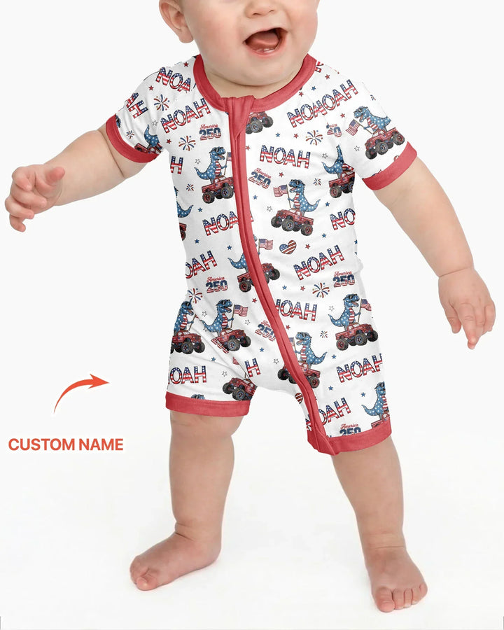 Custom Name American Flag Dinosaur Bamboo Shorty Zippy