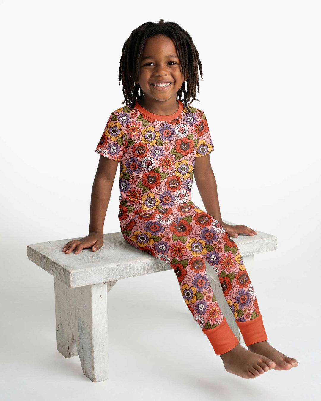 70s Halloween Floral Bamboo Two Piece Short Sleeve Pajama Set