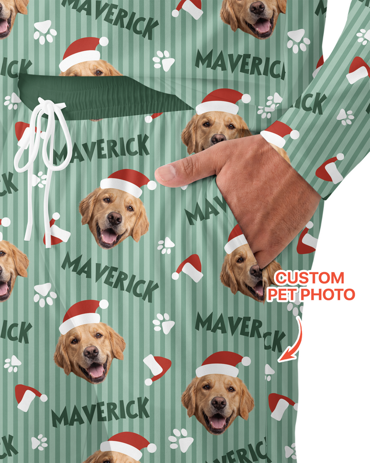 Custom Pet Photo Christmas Paws Stripe Bamboo Men's Pajama Set