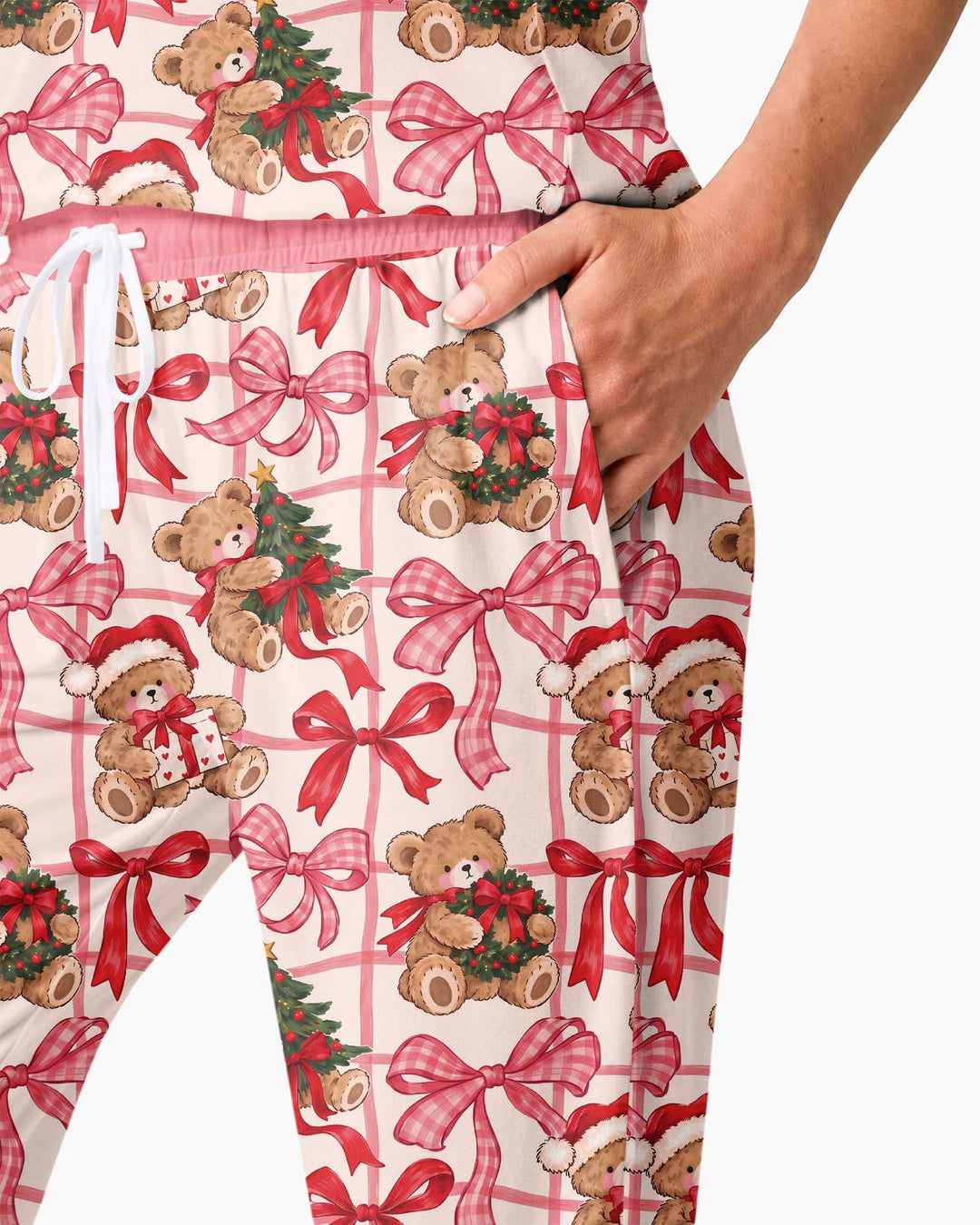 Pink Christmas Teddy Bear Plaid Mommy & Me Matching Bamboo Women Pajama Set