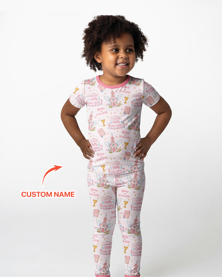 Custom Name Baptism Christening Straight Outta Holy Water Bamboo Two Piece Short Sleeve Pajama Set