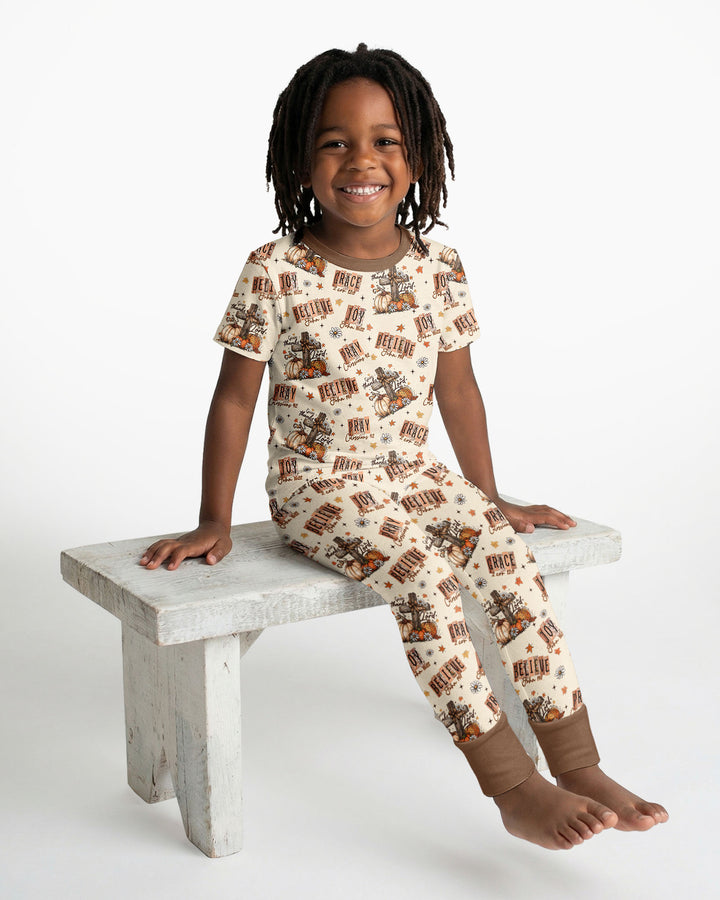 Floral Fall Give Thanks To The Lord Bamboo Two Piece Short Sleeve Pajama Set