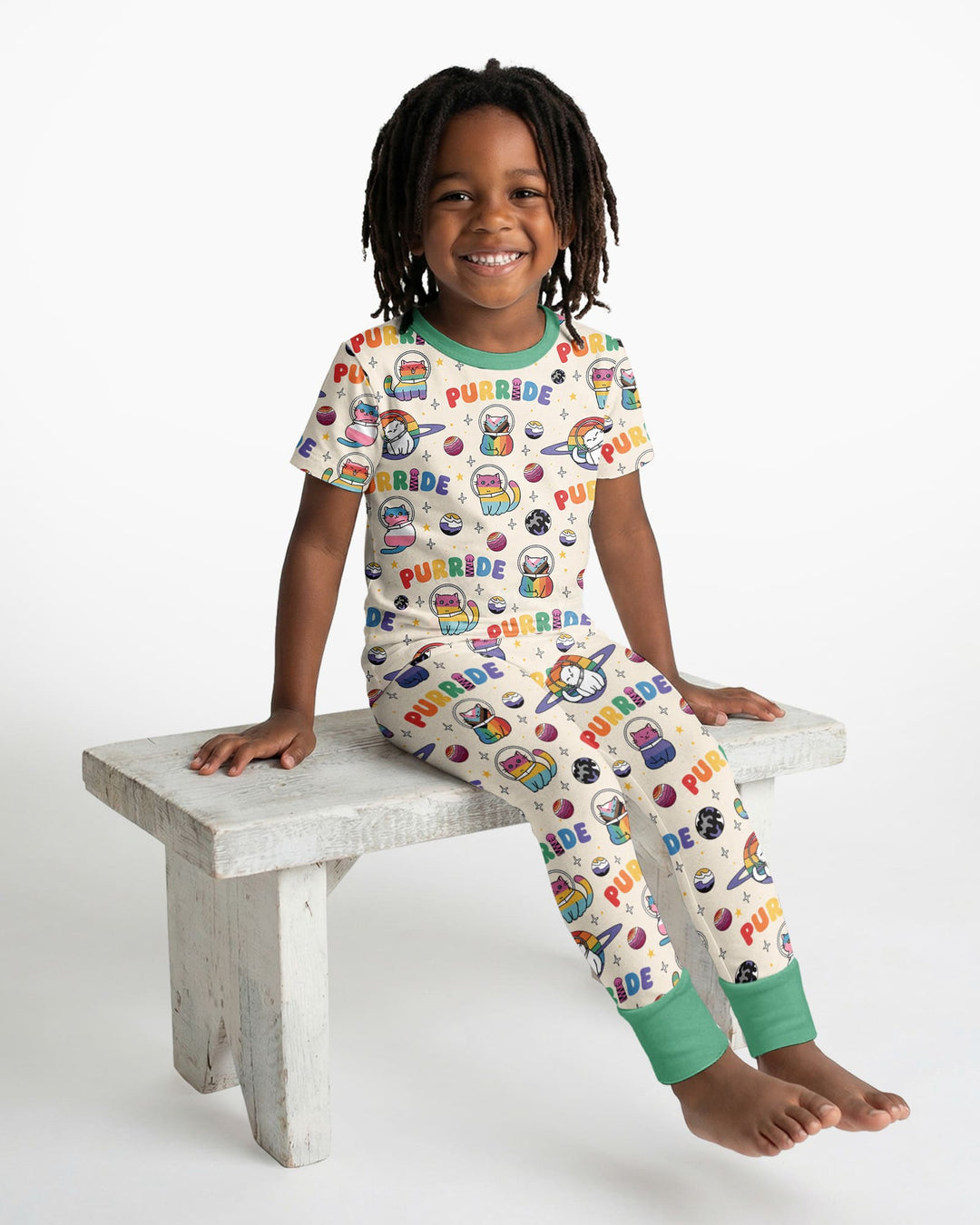 Rainbow Space Cats Family Matching Bamboo Two Piece Short Sleeve Pajama Set