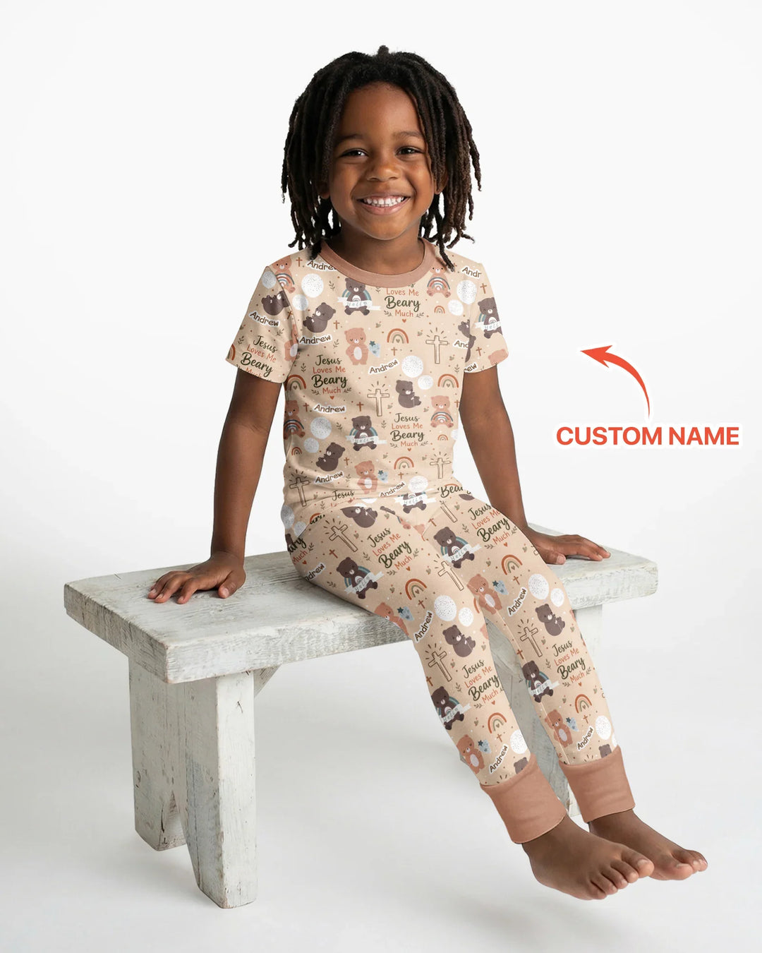 Custom Name Jesus Loves Me Beary Much Bamboo Two Piece Short Sleeve Pajama Set