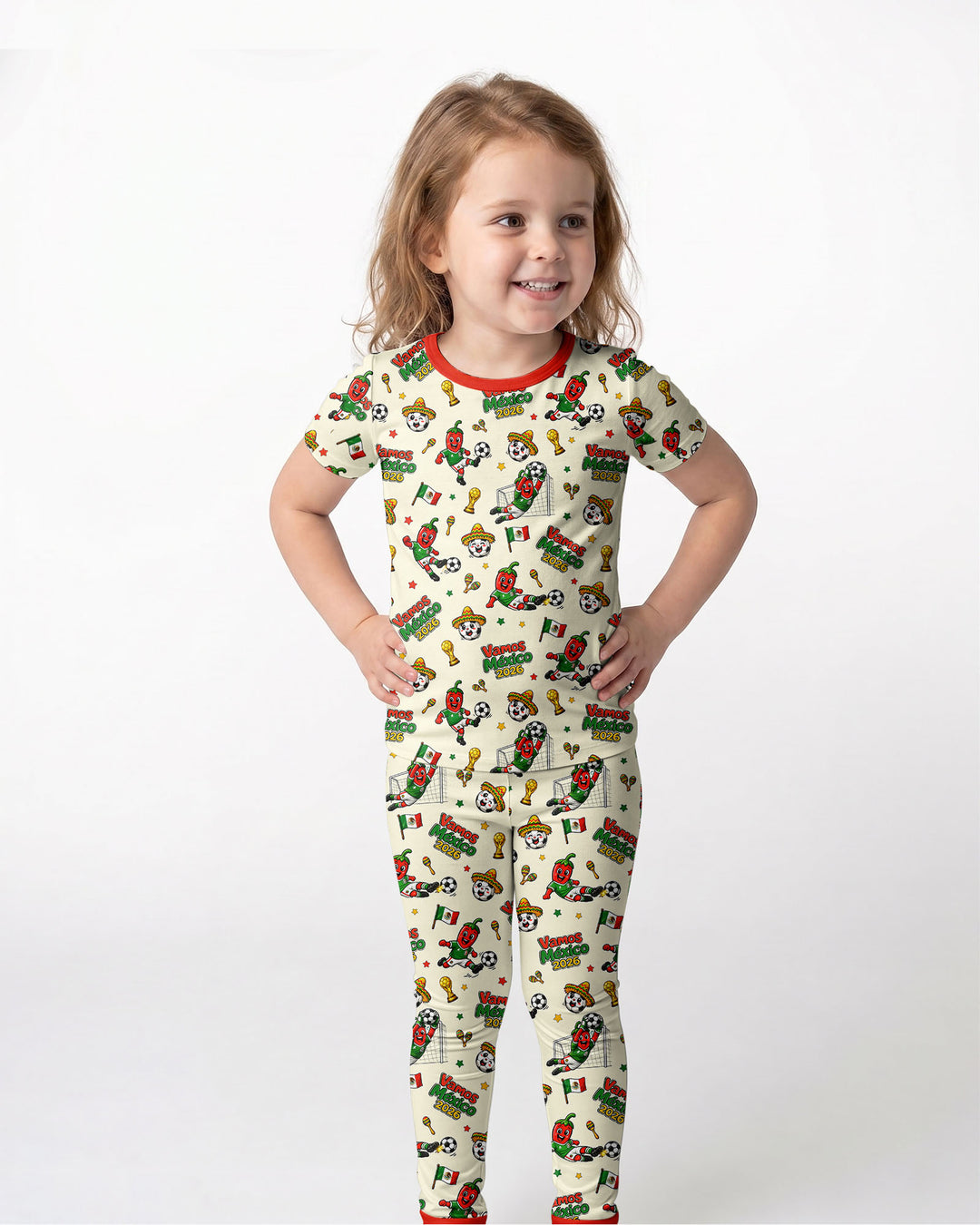 Cartoon World Soccer Vamos Mexico Family Matching Bamboo Two Piece Short Sleeve Pajama Set