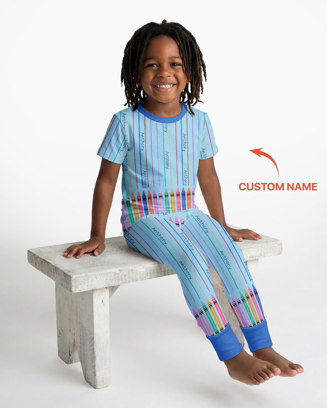 Custom Name Crayon Lines Bamboo Two Piece Short Sleeve Pajama Set