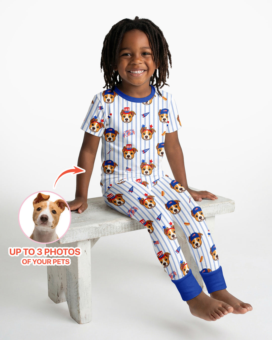 Custom Pet Image 4th of July Family Matching Bamboo Two Piece Short Sleeve Pajama Set