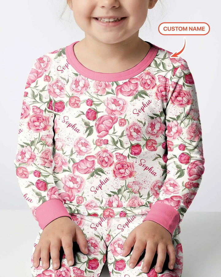 Custom Name Birth Month Flowers Bamboo Two Piece Long Sleeve Pajama Set