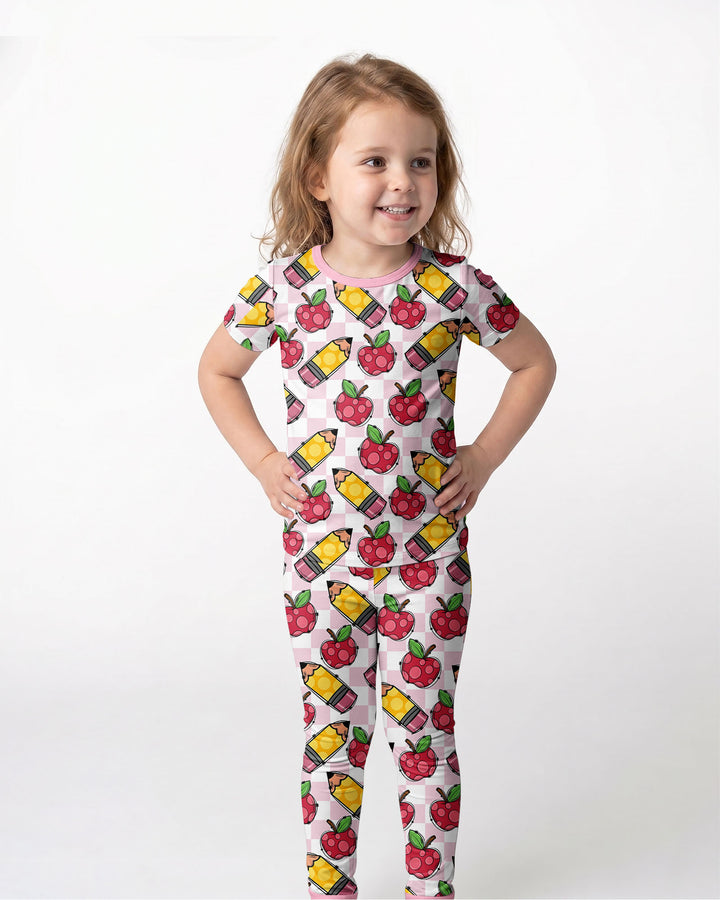 Checkered Apple Scribbles Bamboo Two Piece Short Sleeve Pajama Set