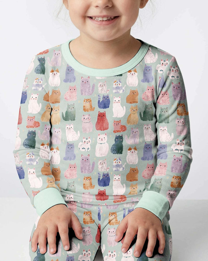 Enchanted Happy Kitty Family Matching Bamboo Two Piece Long Sleeve Pajama Set