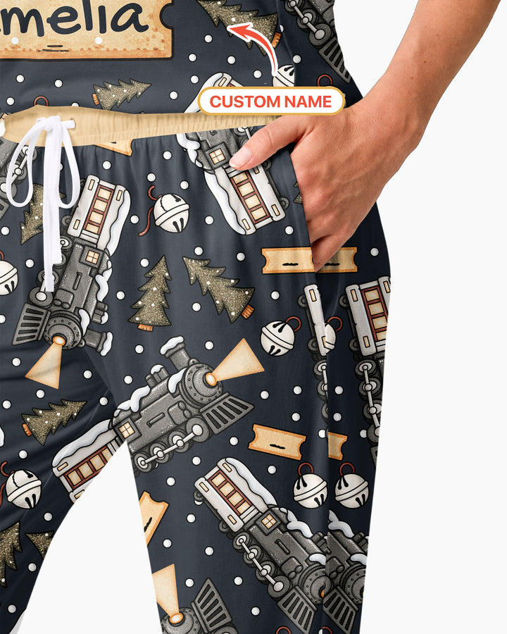 Custom Name Believe Kid Train Bamboo Women Pajama Set