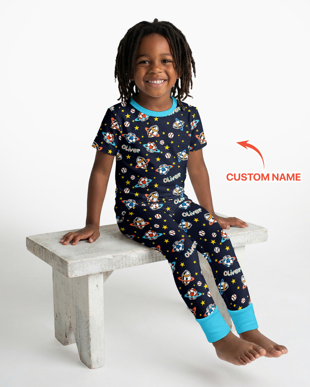 Custom Name Space Sport Bamboo Two Piece Short Sleeve Pajama Set