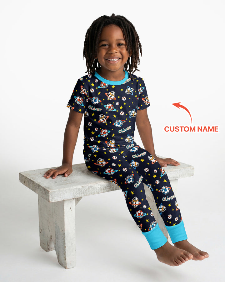 Custom Name Space Sport Bamboo Two Piece Short Sleeve Pajama Set