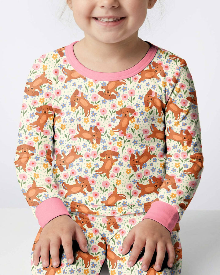 Dachshund Blooms Family Matching Bamboo Two Piece Long Sleeve Pajama Set