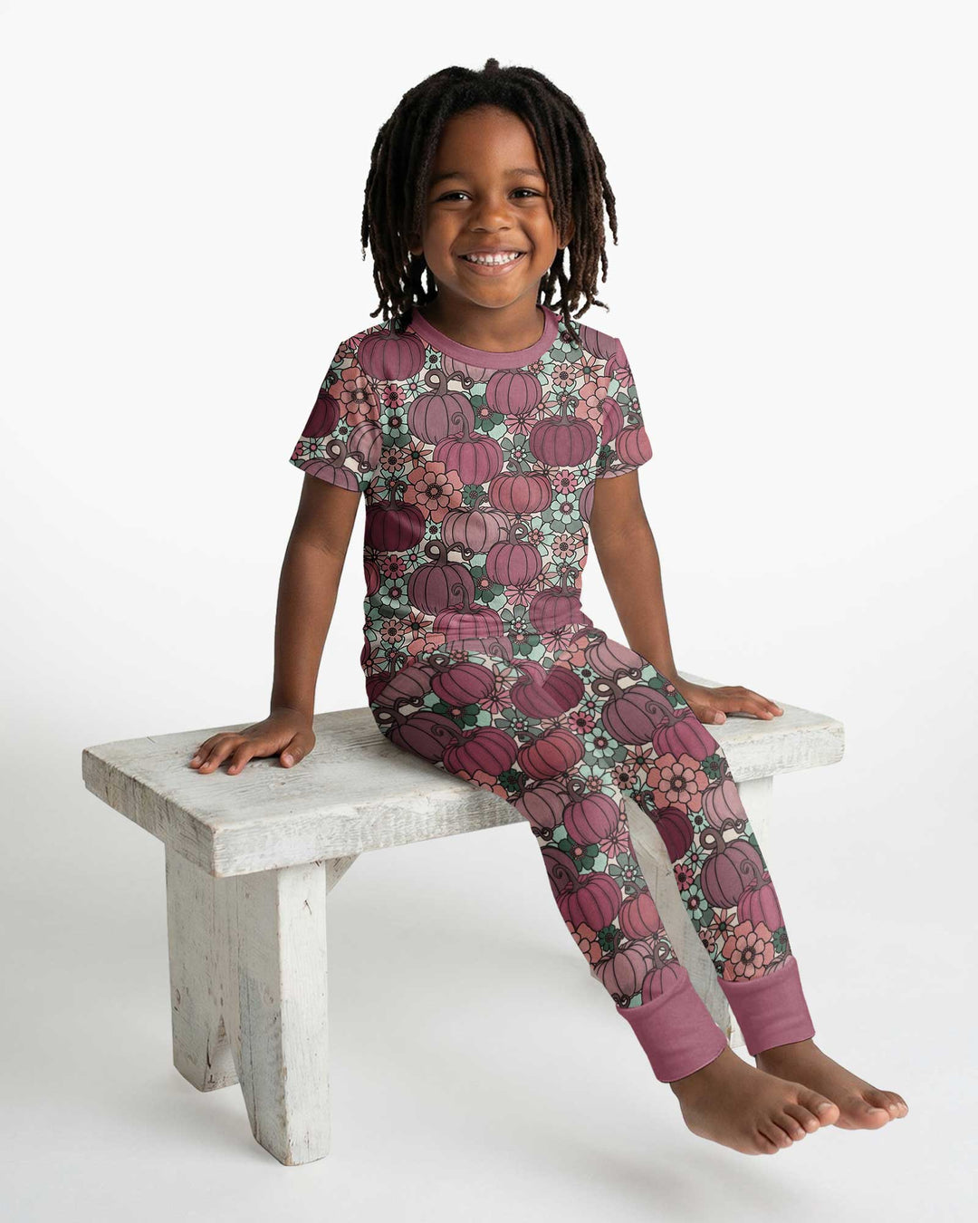 Retro Floral Pumpkin Patch Bamboo Two Piece Short Sleeve Pajama Set