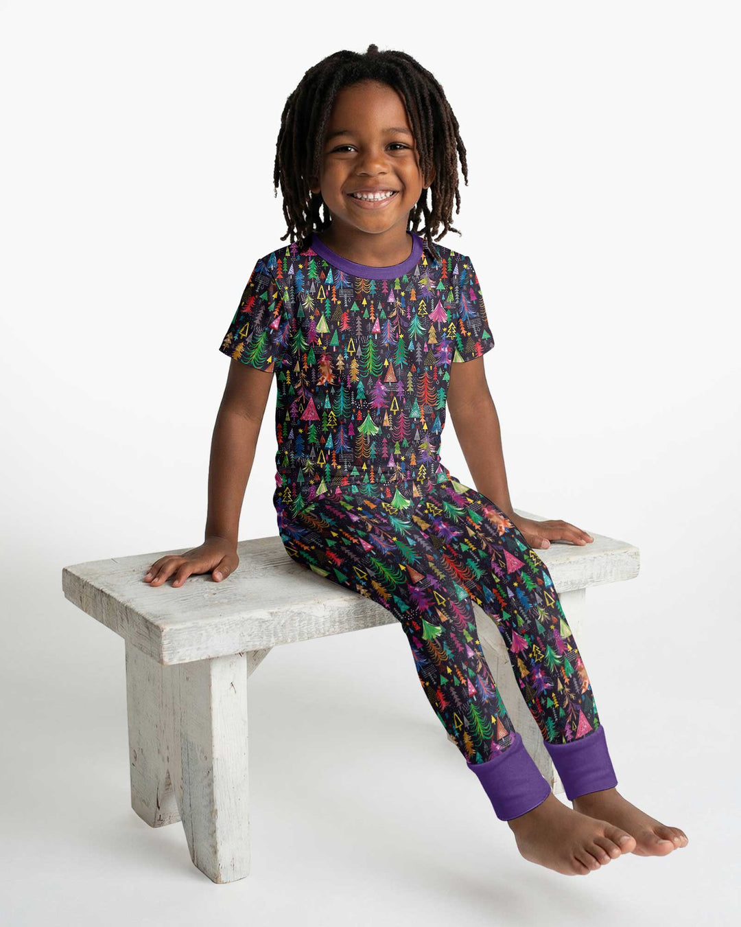 Christmas Holiday Colorful Trees Bamboo Two Piece Short Sleeve Pajama Set